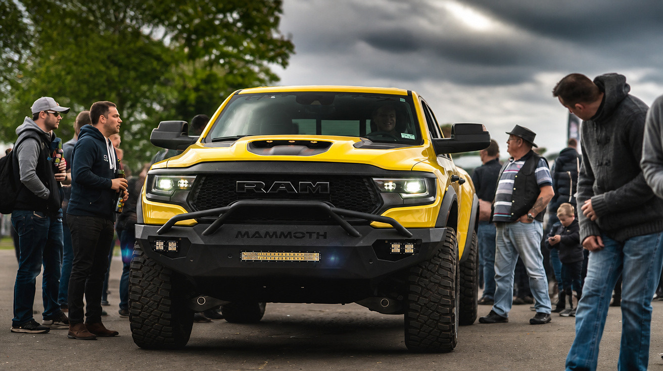 Pick-up amarela RAM Mammoth vista de frente, rodeada por várias pessoas num evento ao ar livre.