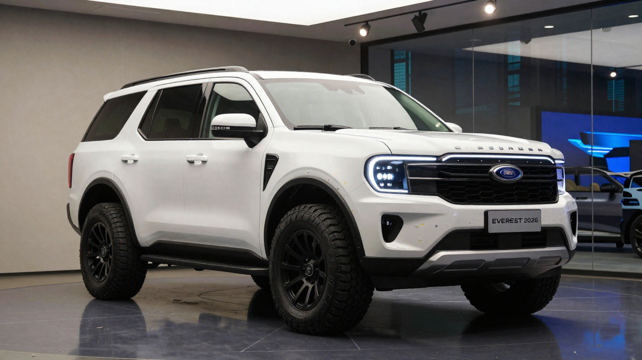 SUV branco Ford Everest 2026 exibido em interior moderno com luzes LED acesas.