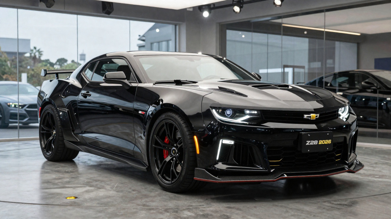 Carro desportivo Chevrolet Camaro Z28 preto modelo 2026 estacionado em showroom moderno.