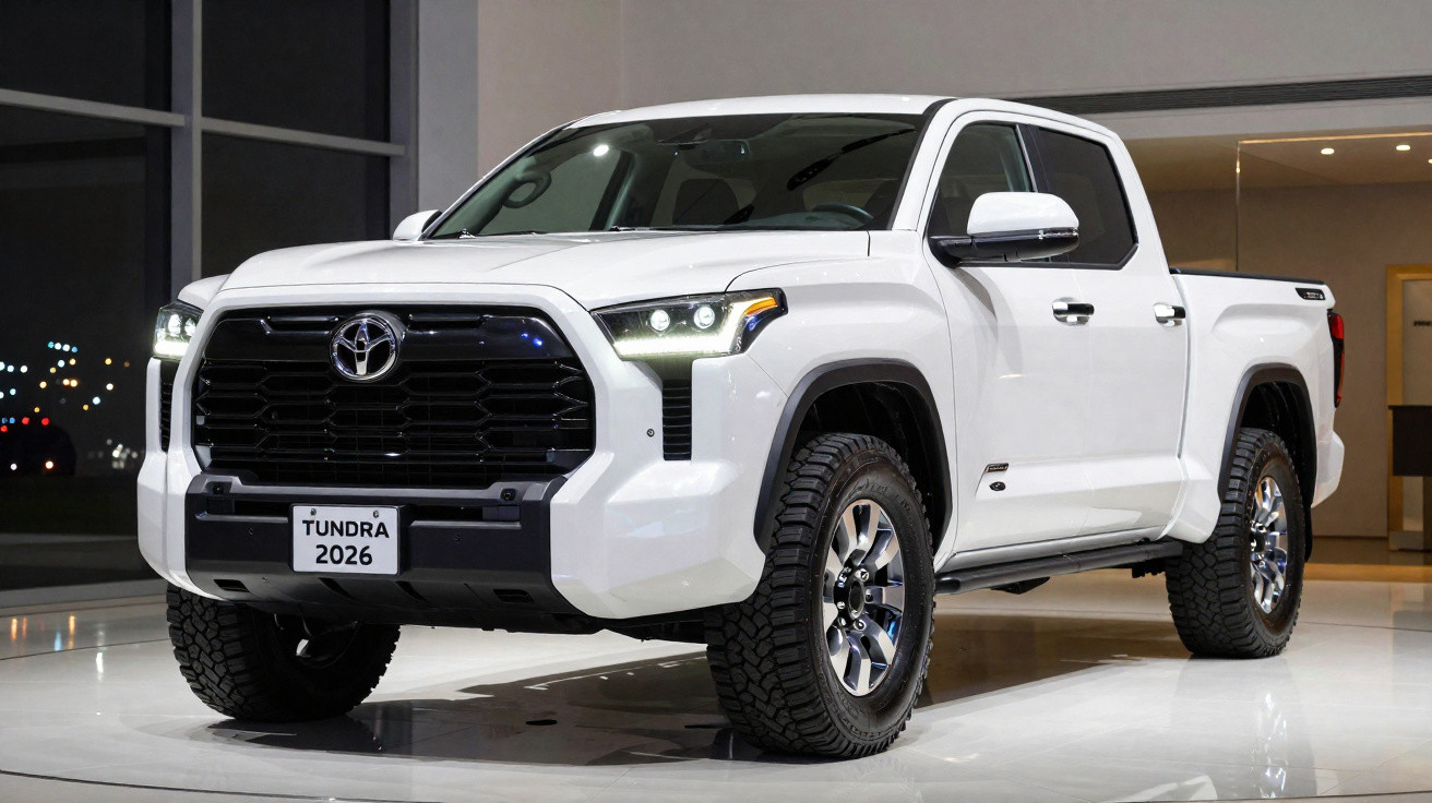 Pickup branca Toyota Tundra 2026 vista de frente em ambiente interior iluminado.