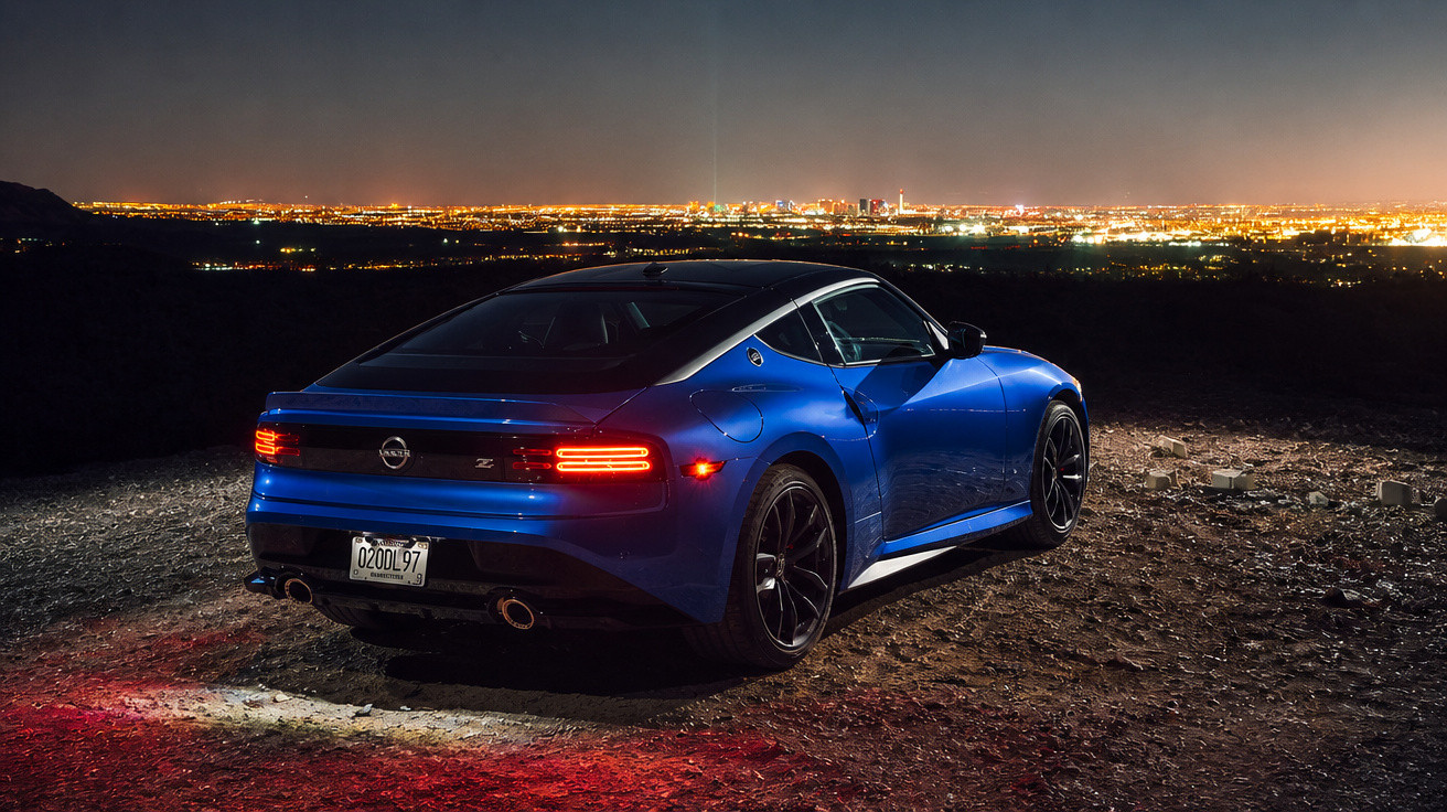 Carro desportivo azul estacionado à noite com cidade iluminada ao fundo.