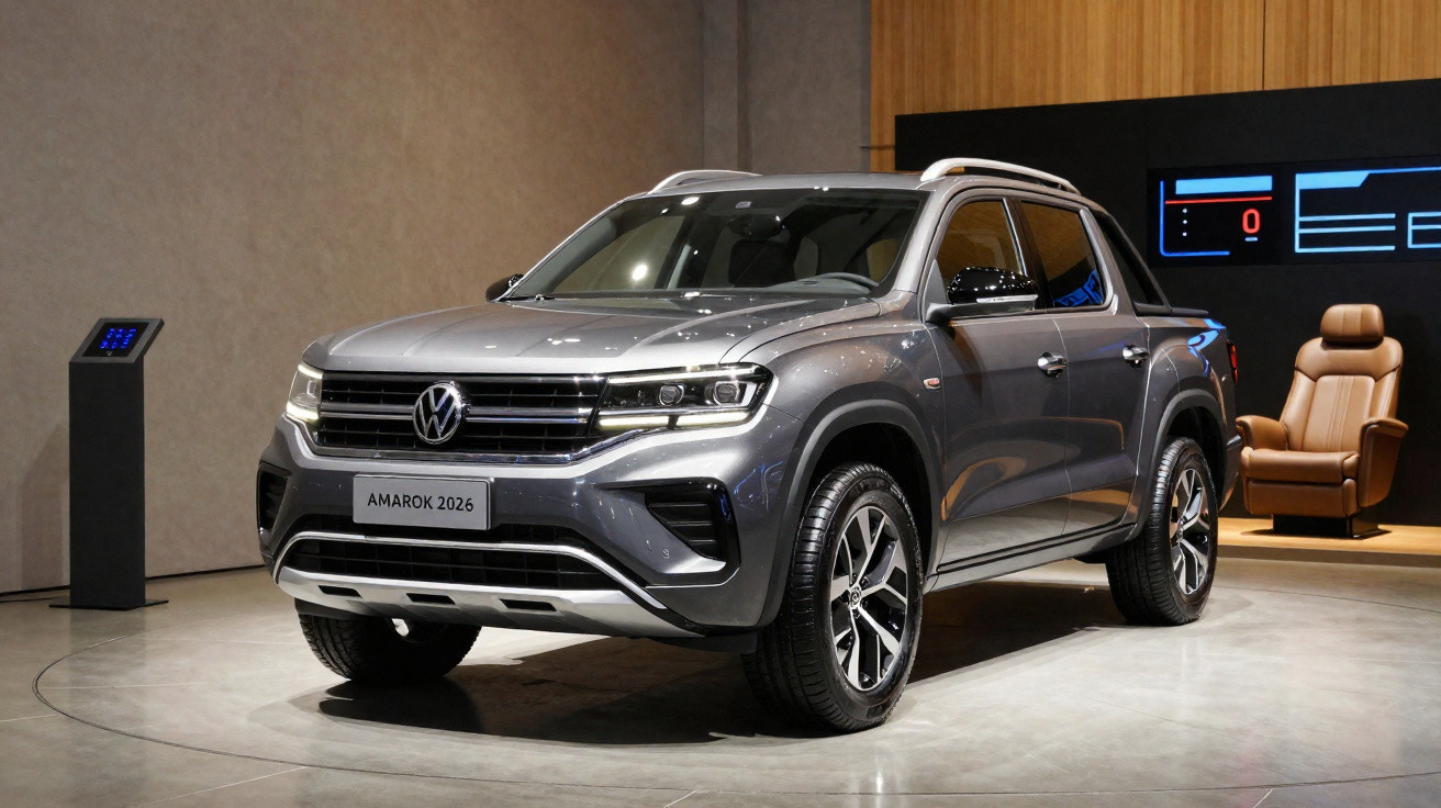 Pick-up Volkswagen Amarok 2026 cinzenta exibida em salão com poltrona castanha ao fundo.