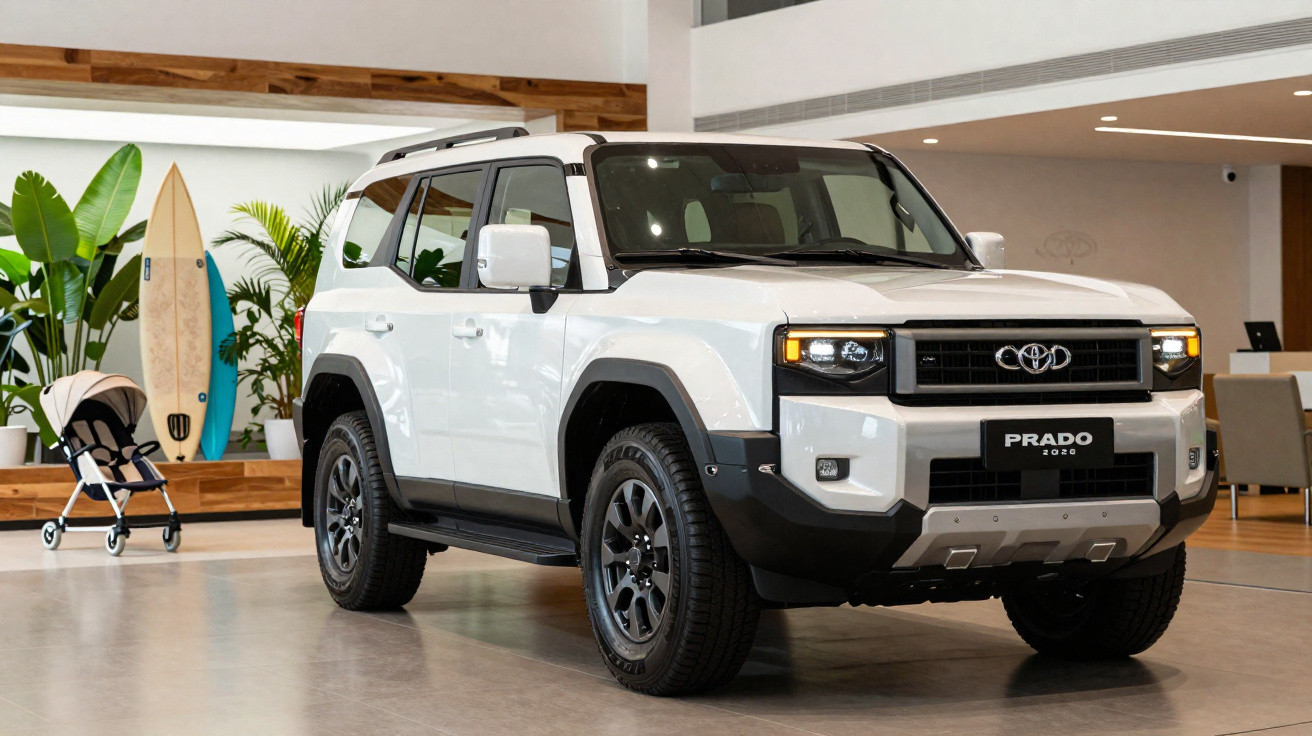 Carro Toyota Prado 2020 branco estacionado em showroom moderno com plantas e prancha de surf ao fundo.
