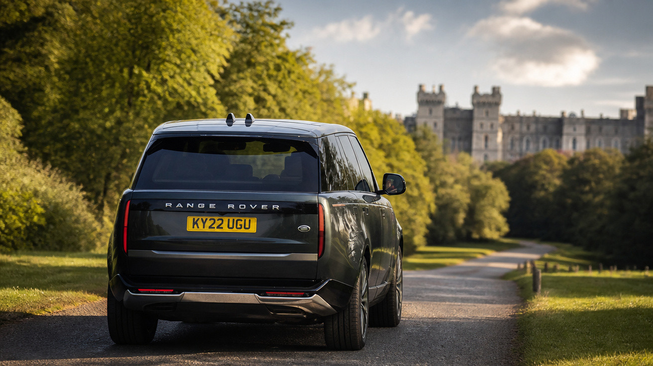 Range Rover preto estacionado numa estrada rural com castelo ao fundo e árvores verdes.