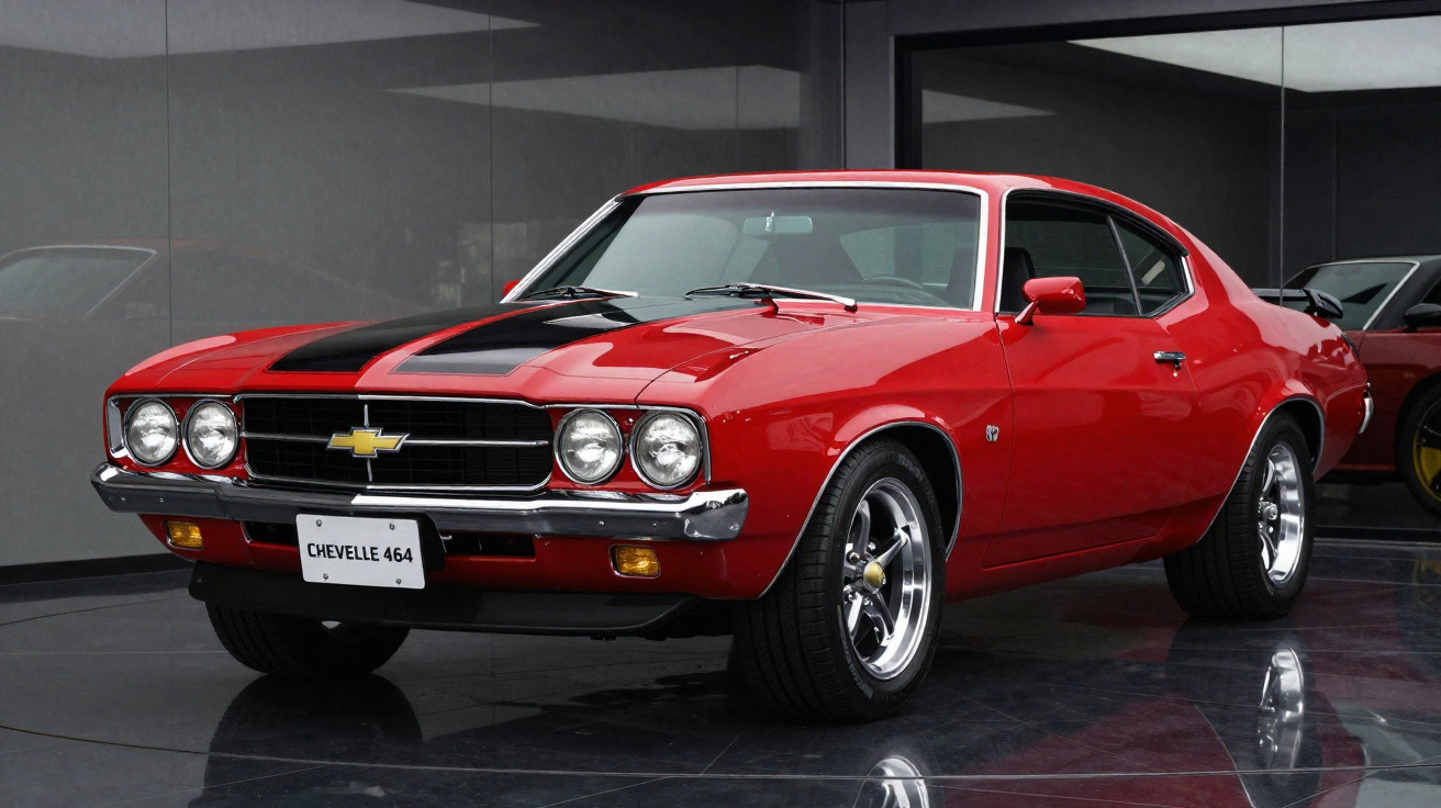 Carro clássico Chevrolet Chevelle 464 vermelho com faixas pretas estacionado em piso brilhante.