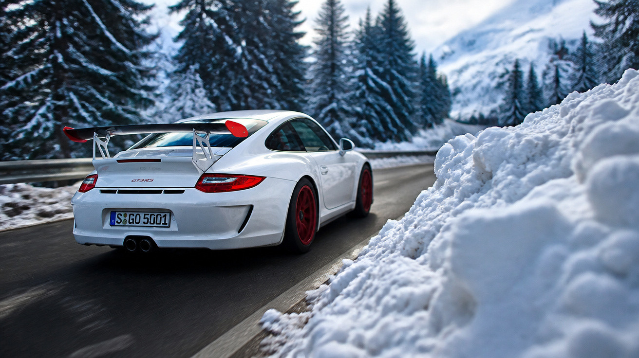 Carro desportivo branco a conduzir numa estrada de montanha com neve e pinheiros ao redor.