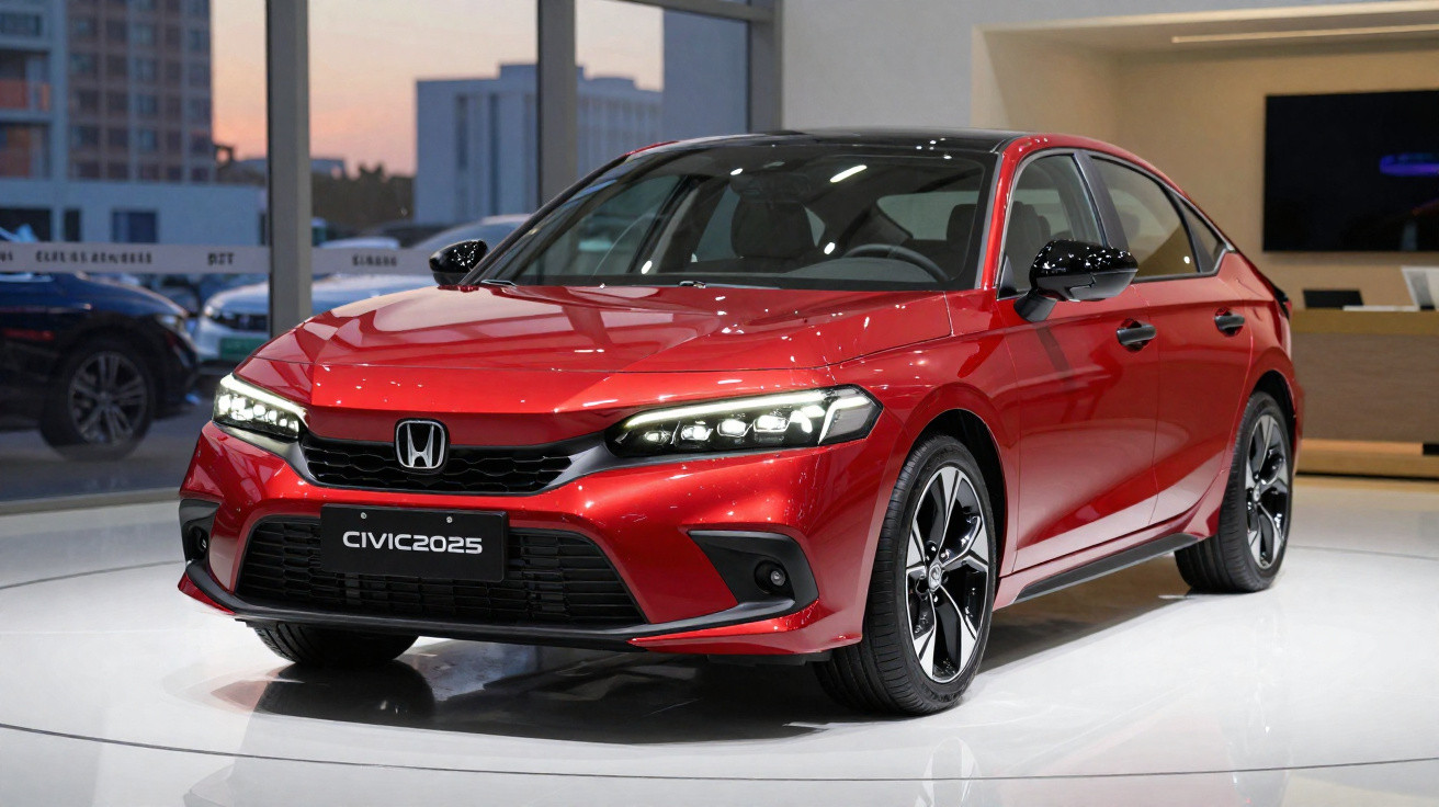 Carro Honda Civic 2025 vermelho exposto em showroom com janelas grandes e piso branco.