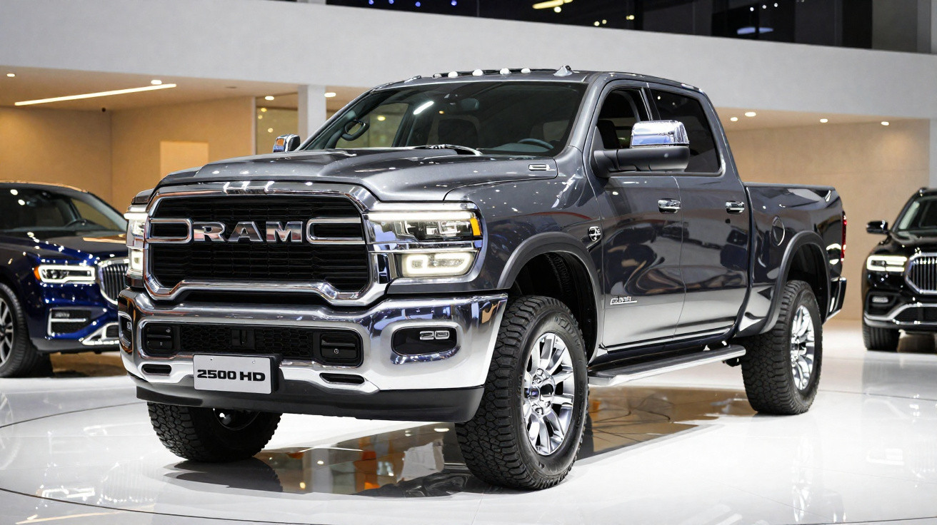 Picape RAM 2500 HD cinza metálico em exposição num salão automóvel moderno.