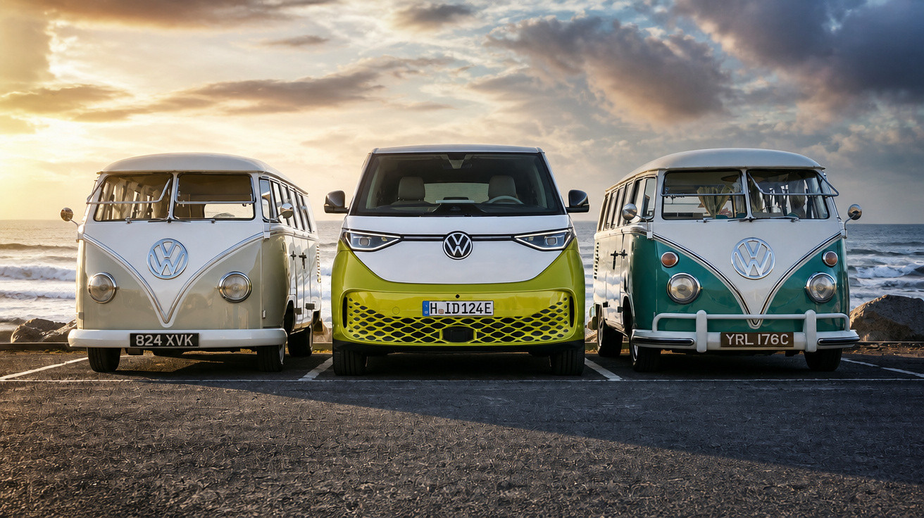 Três carrinhas Volkswagen estacionadas lado a lado junto ao mar ao pôr do sol.