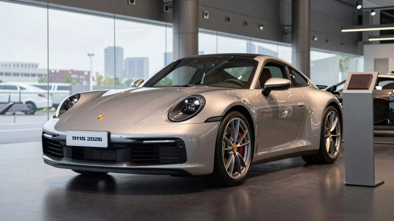 Carro desportivo Porsche 911S prata 2026 exposto num salão de automóveis moderno e luminoso.