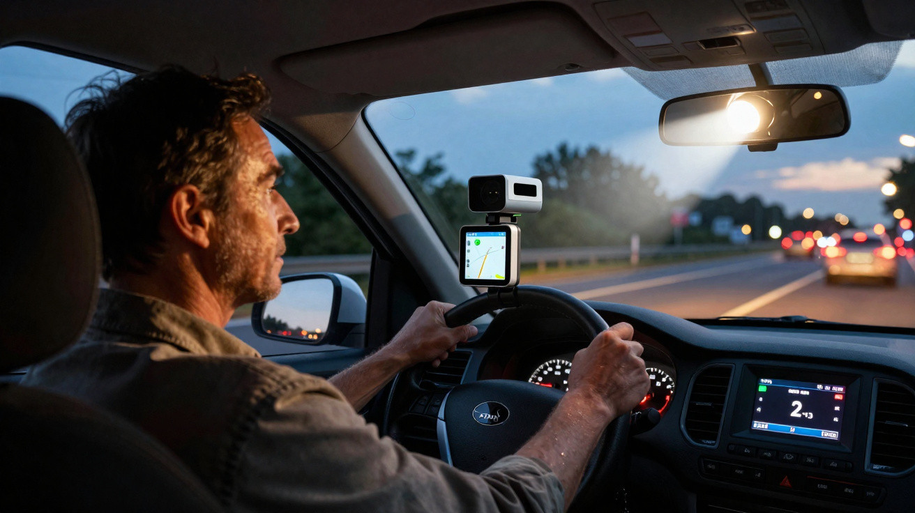 Homem a conduzir carro ao entardecer com GPS e câmara de ação fixados no volante.