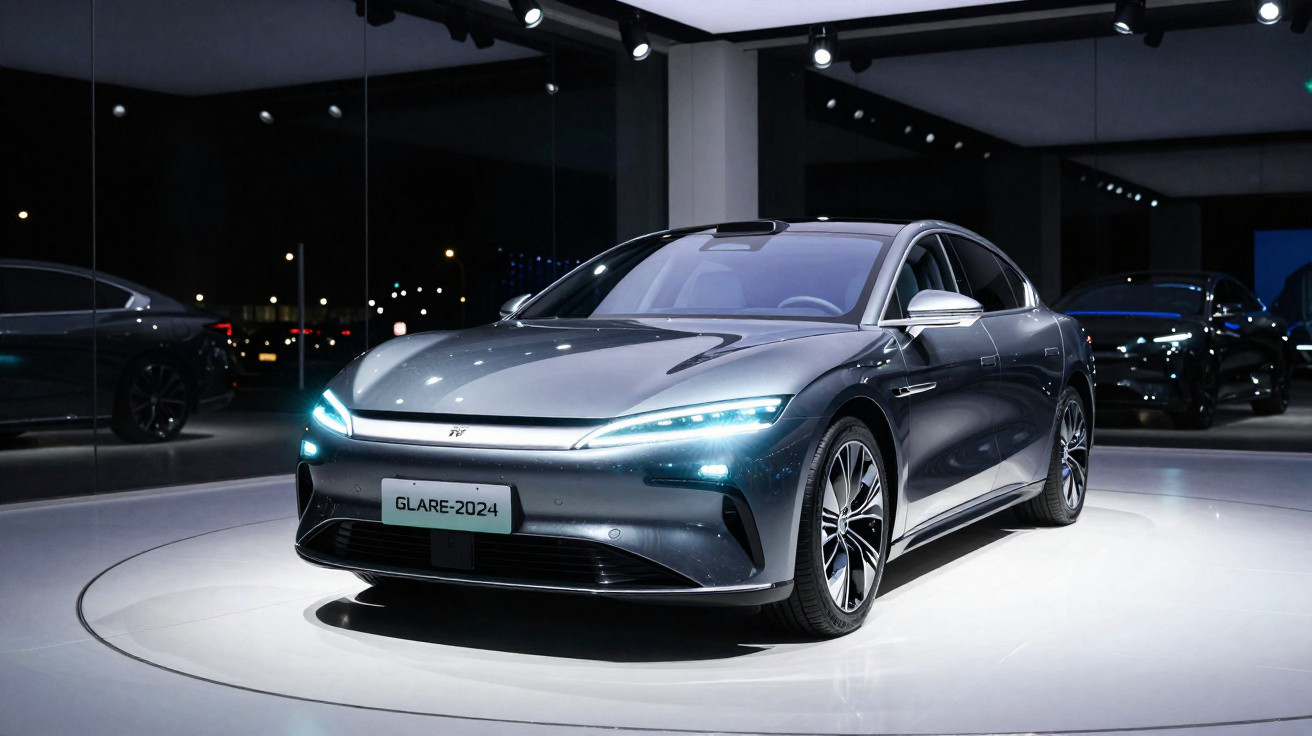 Carro eléctrico cinzento brilhante modelo Glare-2024 exposto em sala com luzes focais e espelhos nas paredes.