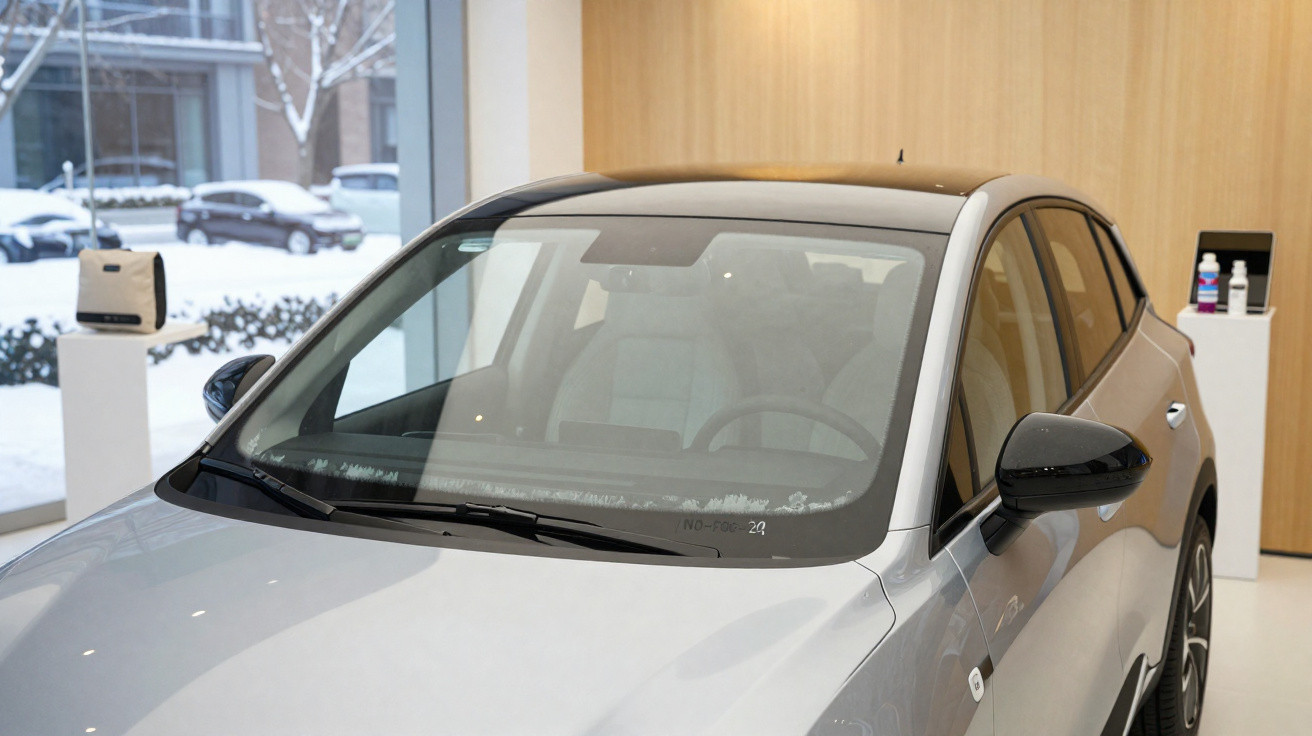 Carro elétrico cinzento estacionado no interior com neve visível através da janela.