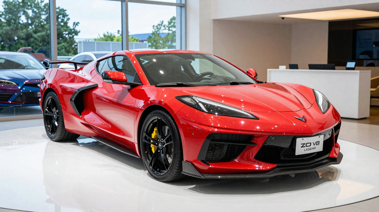 Carro desportivo vermelho Chevrolet Corvette ZO V8 exposto em ambiente interior moderno.
