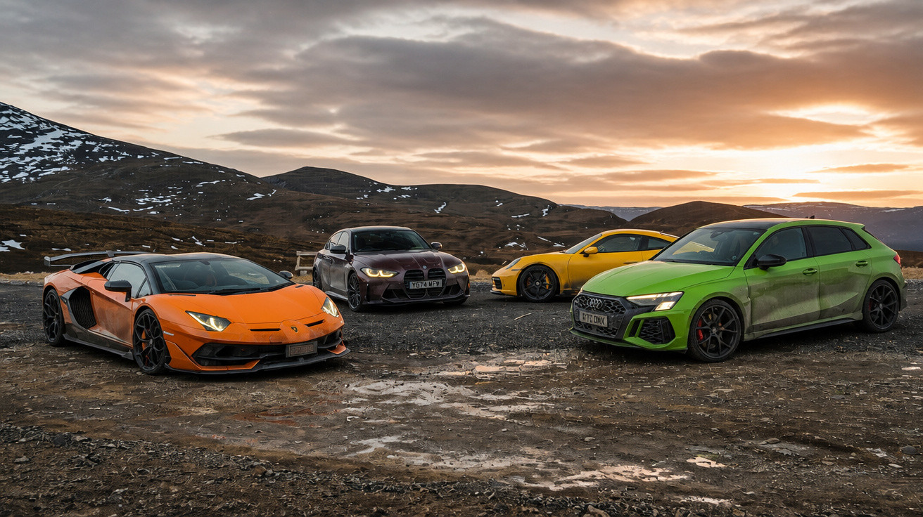 Quatro carros desportivos coloridos estacionados em terreno montanhoso ao pôr do sol.