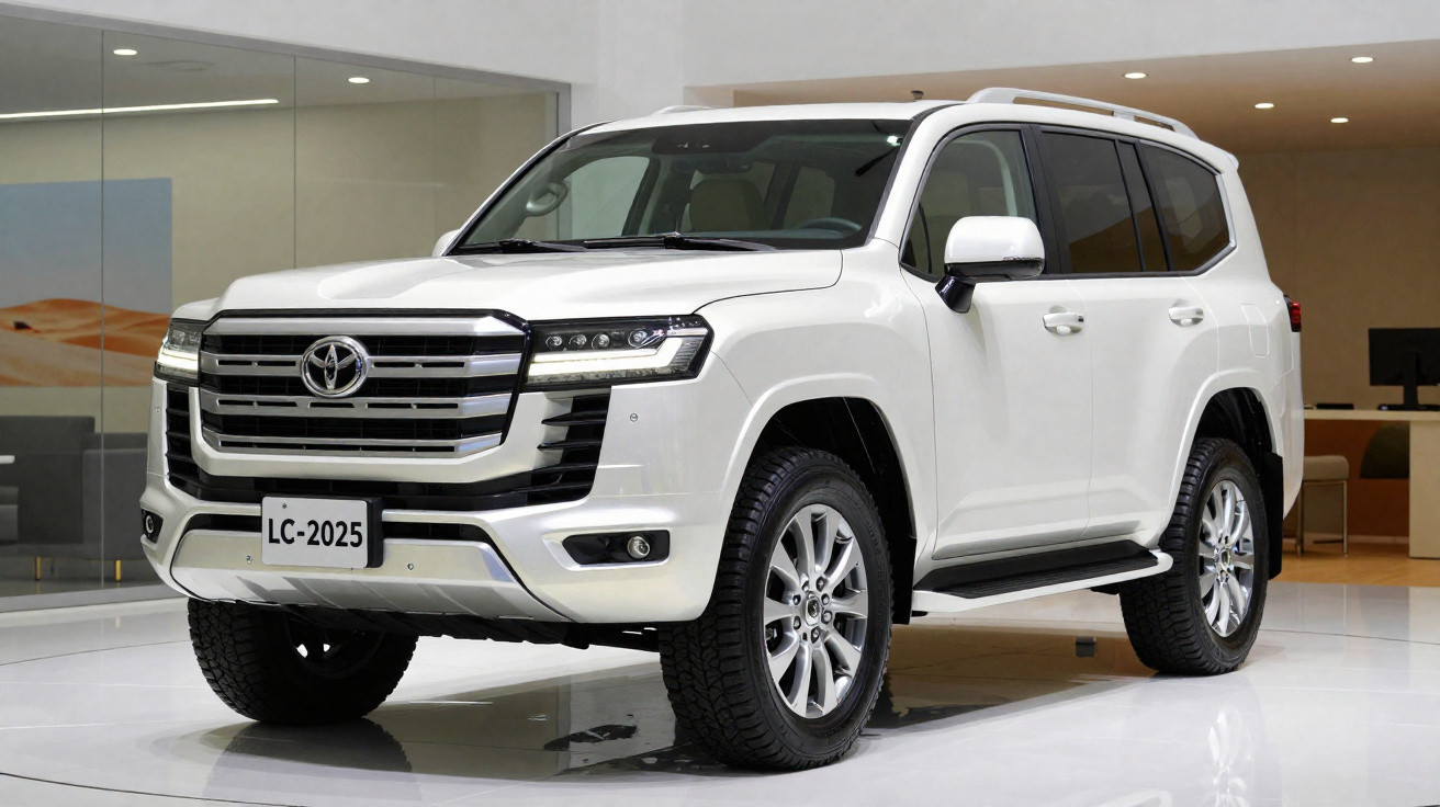 Carro Toyota Land Cruiser branco, novo, estacionado em ambiente interior moderno e bem iluminado.