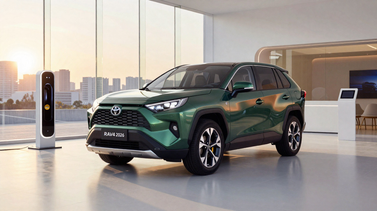 Carro Toyota RAV4 2026 verde estacionado junto a posto de carregamento elétrico em área interna moderna.