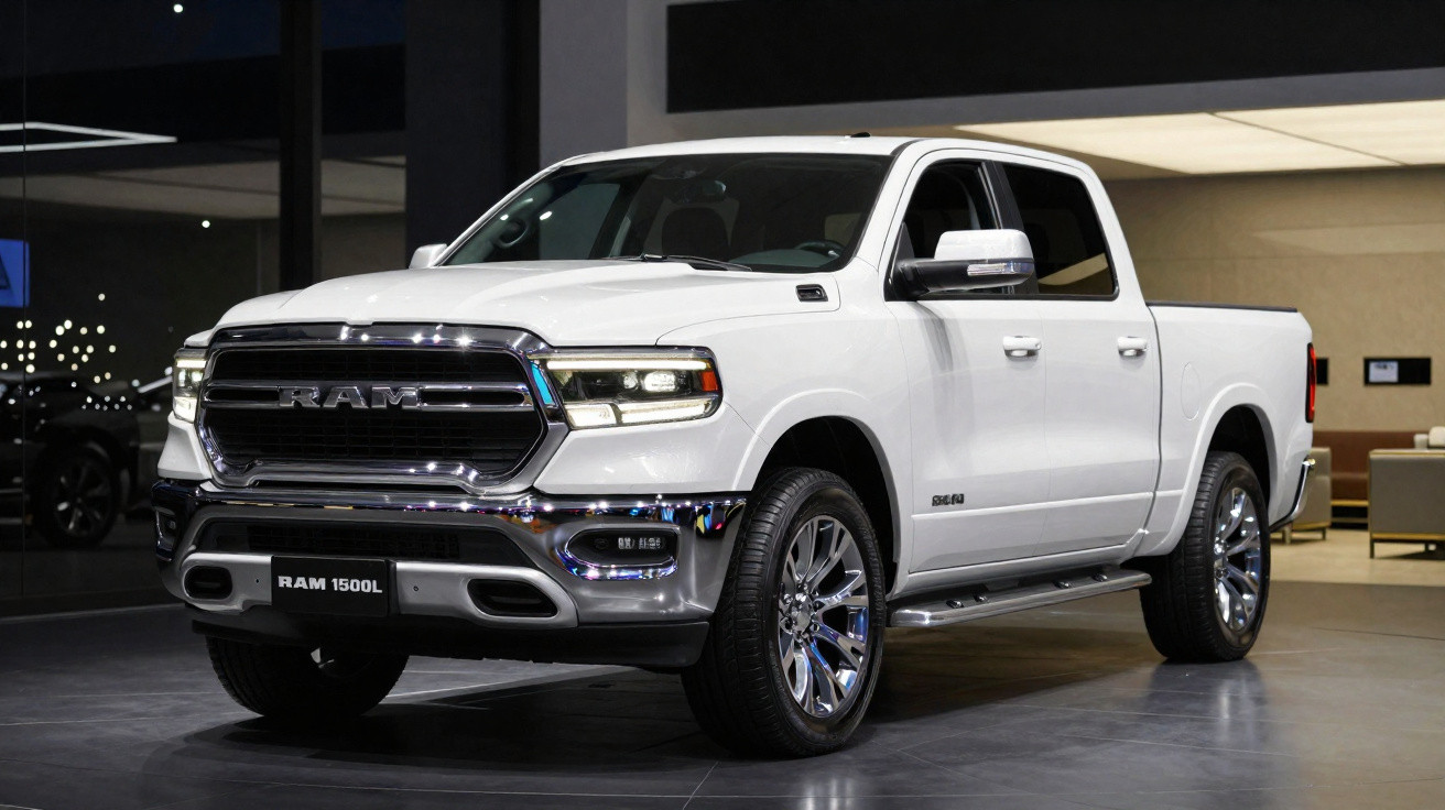 Camião branco Ram 1500L estacionado em interior moderno com reflexos no chão polido.