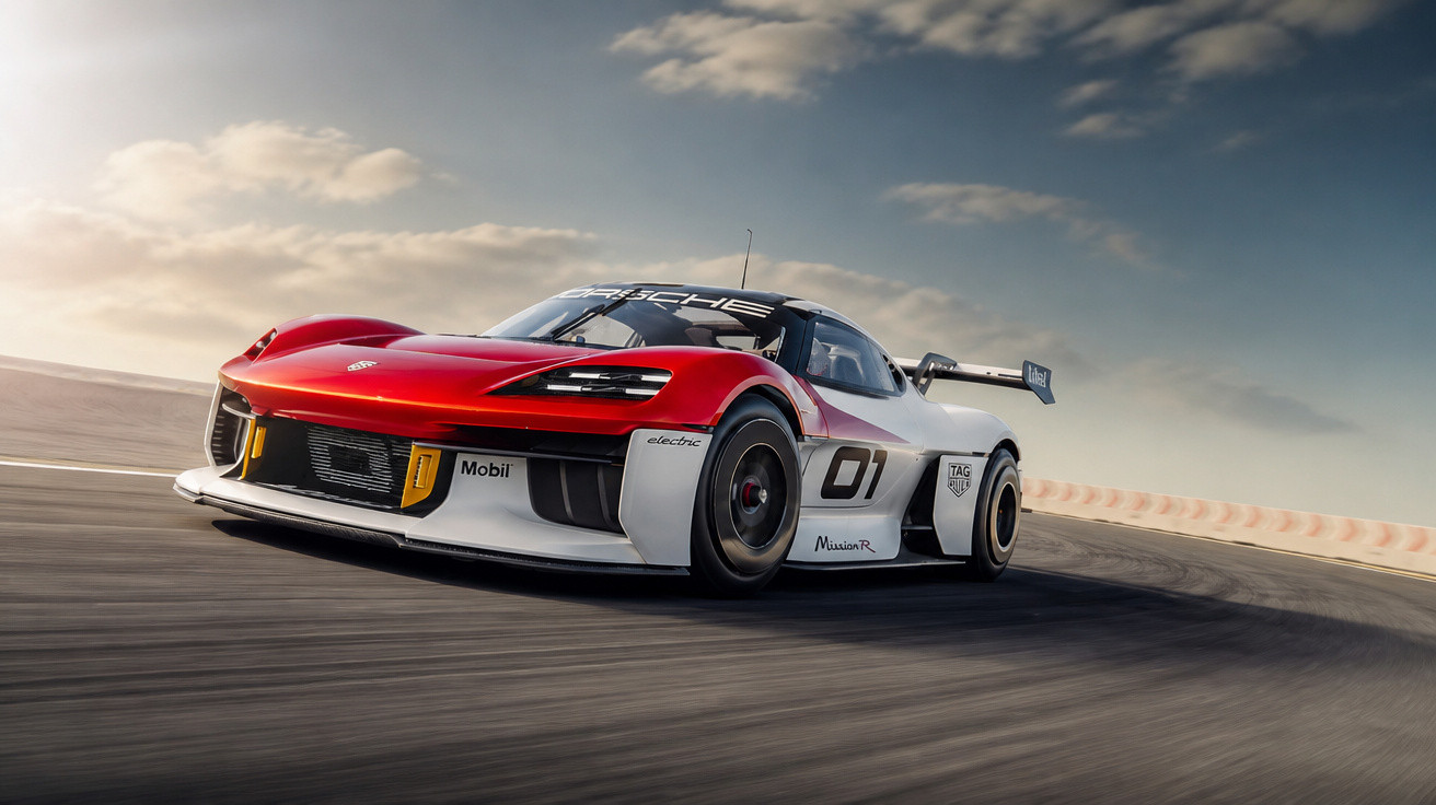 Carro de corrida elétrico Porsche Mission R a alta velocidade numa pista sob céu nublado.