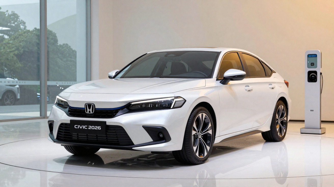 Carro Honda Civic 2026 branco estacionado em interior moderno com posto de carregamento elétrico.