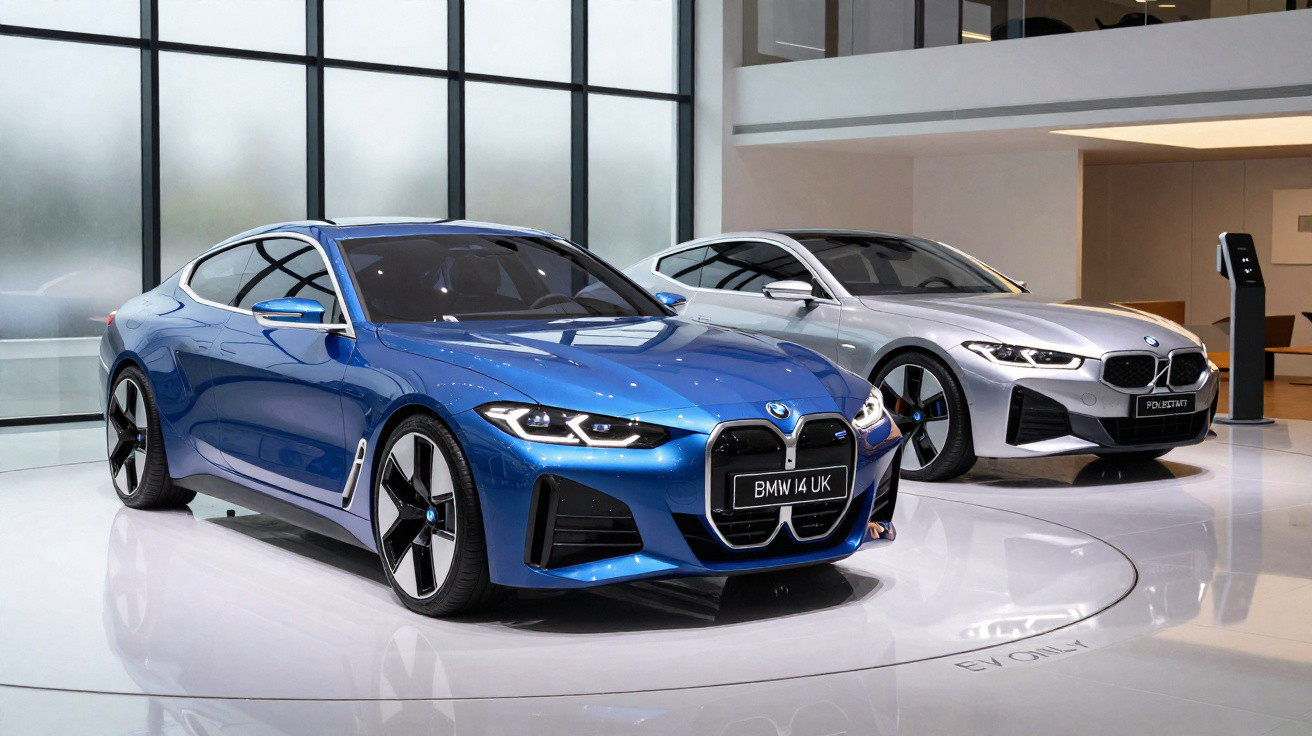 Dois carros BMW elétricos, um azul e um prata, em exposição num espaço moderno e iluminado.