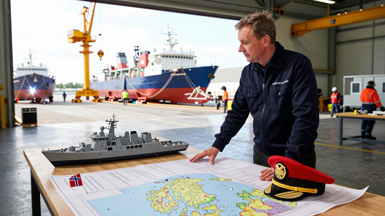 Homem em armazém naval observa mapa e maquete de navio com outros navios e trabalhadores ao fundo.