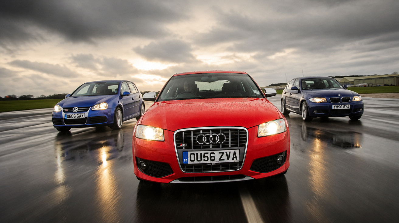 Três carros desportivos, Audi vermelho, Volkswagen e BMW azuis, num circuito molhado sob céu nublado.