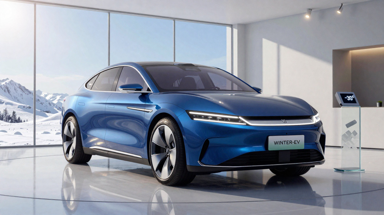 Carro elétrico azul moderno em exibição numa sala com grandes janelas que mostram montanhas cobertas de neve.