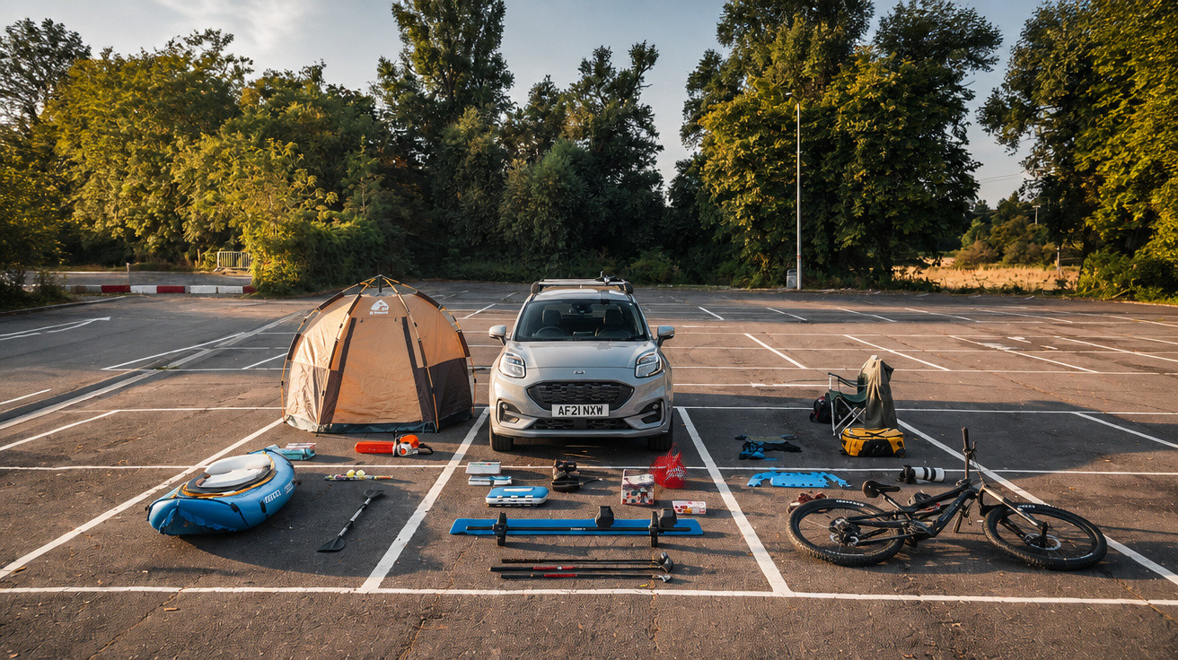 Carro estacionado num parque com barraca, caiaque, bicicleta e equipamento de campismo organizados em caixas brancas.