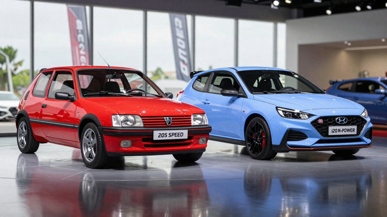 Dois carros estacionados em salão: Peugeot 205 Speed vermelho e Hyundai i20 N Power azul.
