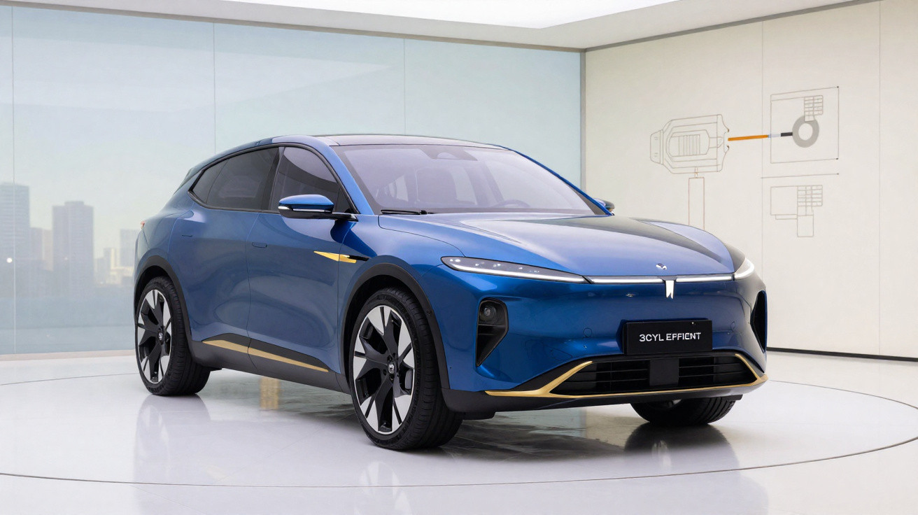 Carro elétrico azul com design moderno em exposição numa sala branca minimalista.