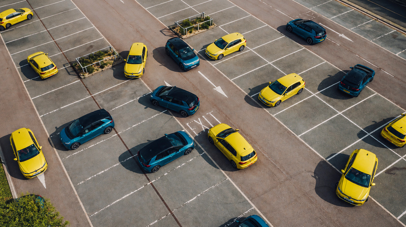 Estacionamento com vários carros pequenos, amarelos e azuis, vistos de cima, em fila ordenada.