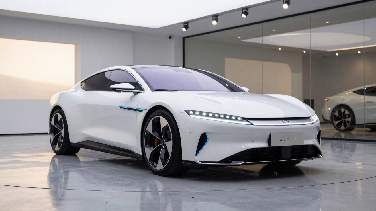 Carro elétrico desportivo branco Gemini num showroom moderno com chão polido e paredes espelhadas.