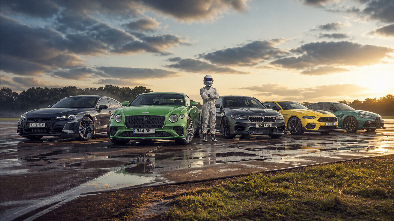 Cinco carros desportivos estacionados numa pista molhada ao pôr do sol, com piloto em fato e capacete branco.