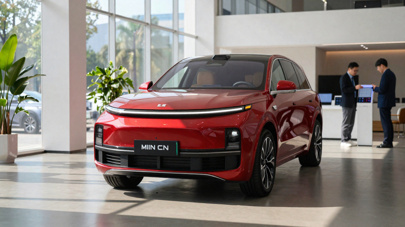 Carro elétrico vermelho estacionado num salão de vendas moderno com duas pessoas ao fundo.