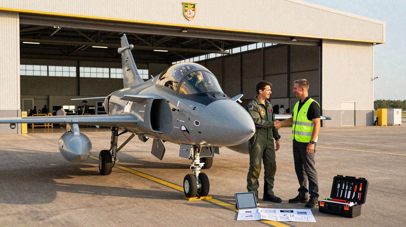 Avião militar estacionado com piloto e técnico a cumprimentar-se perto de equipamento de manutenção no aeródromo.