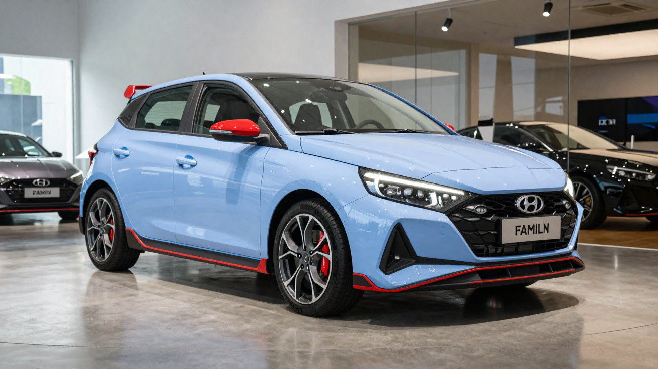 Automóvel Hyundai i20 azul claro com detalhes vermelhos numa sala de exposição moderna e espaçosa.