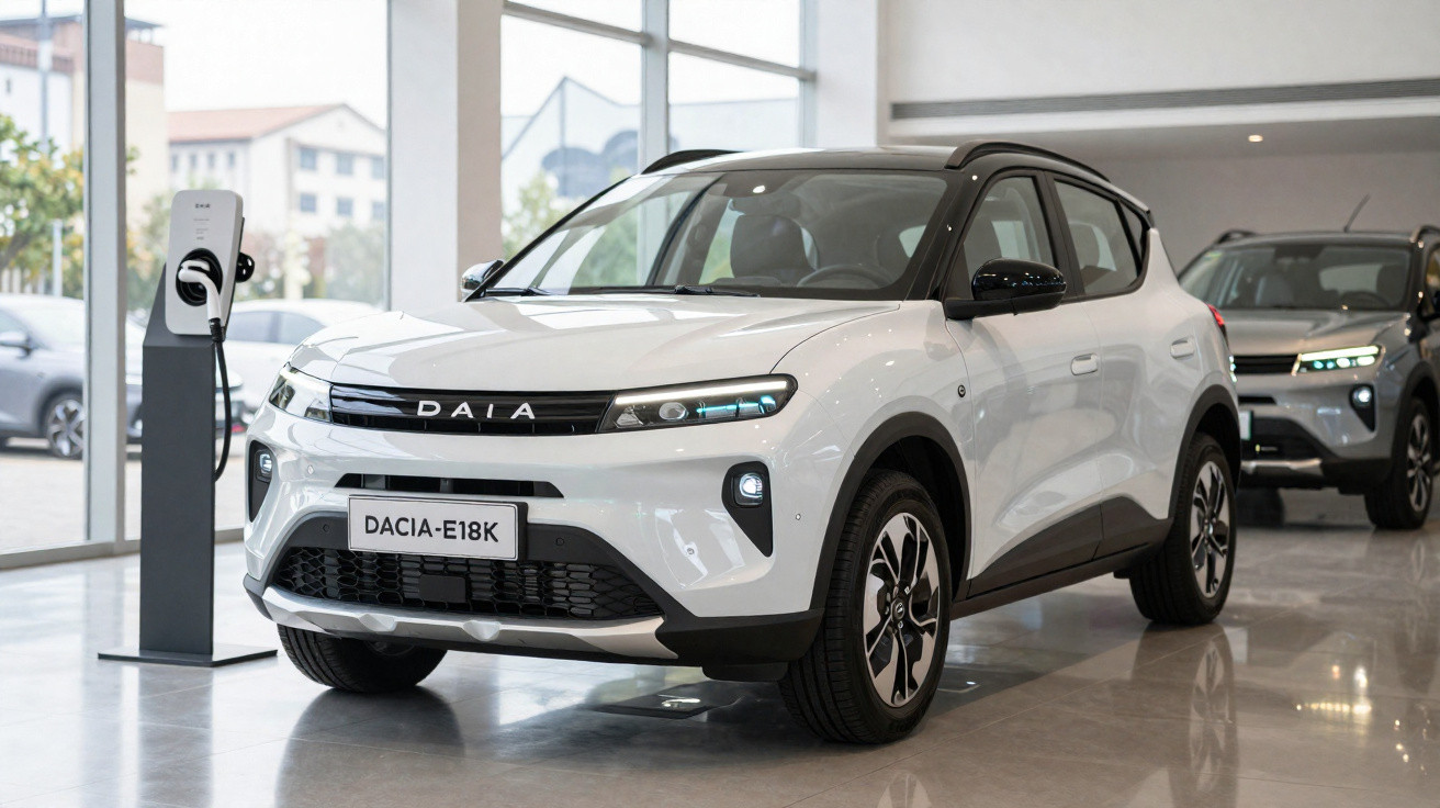 Carro elétrico branco Dacia E18K exposto em showroom moderno com carregador elétrico ao lado.