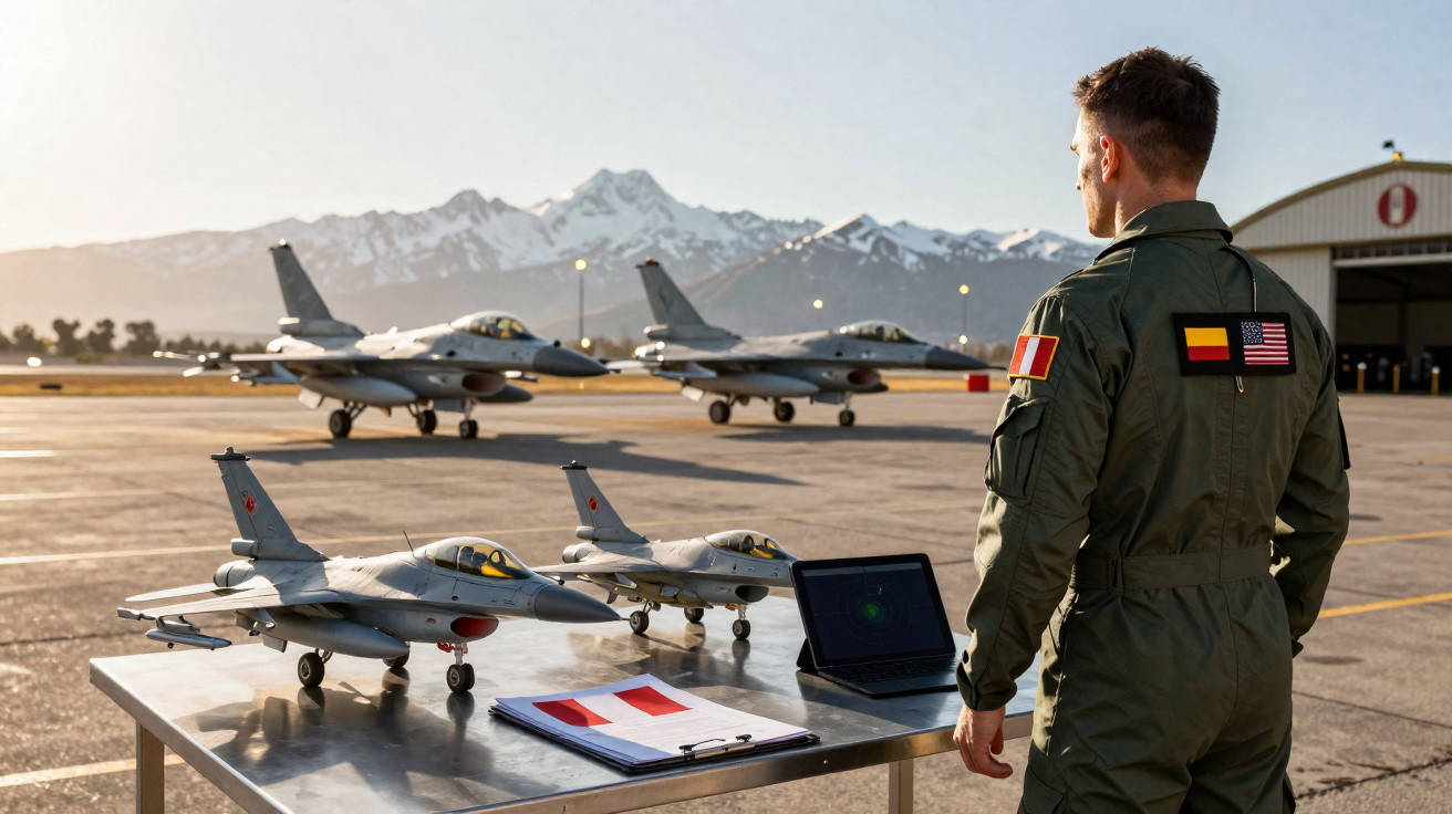 Piloto militar com fato verde observa miniaturas de aviões de combate numa pista de aeroporto com montanhas ao fundo.