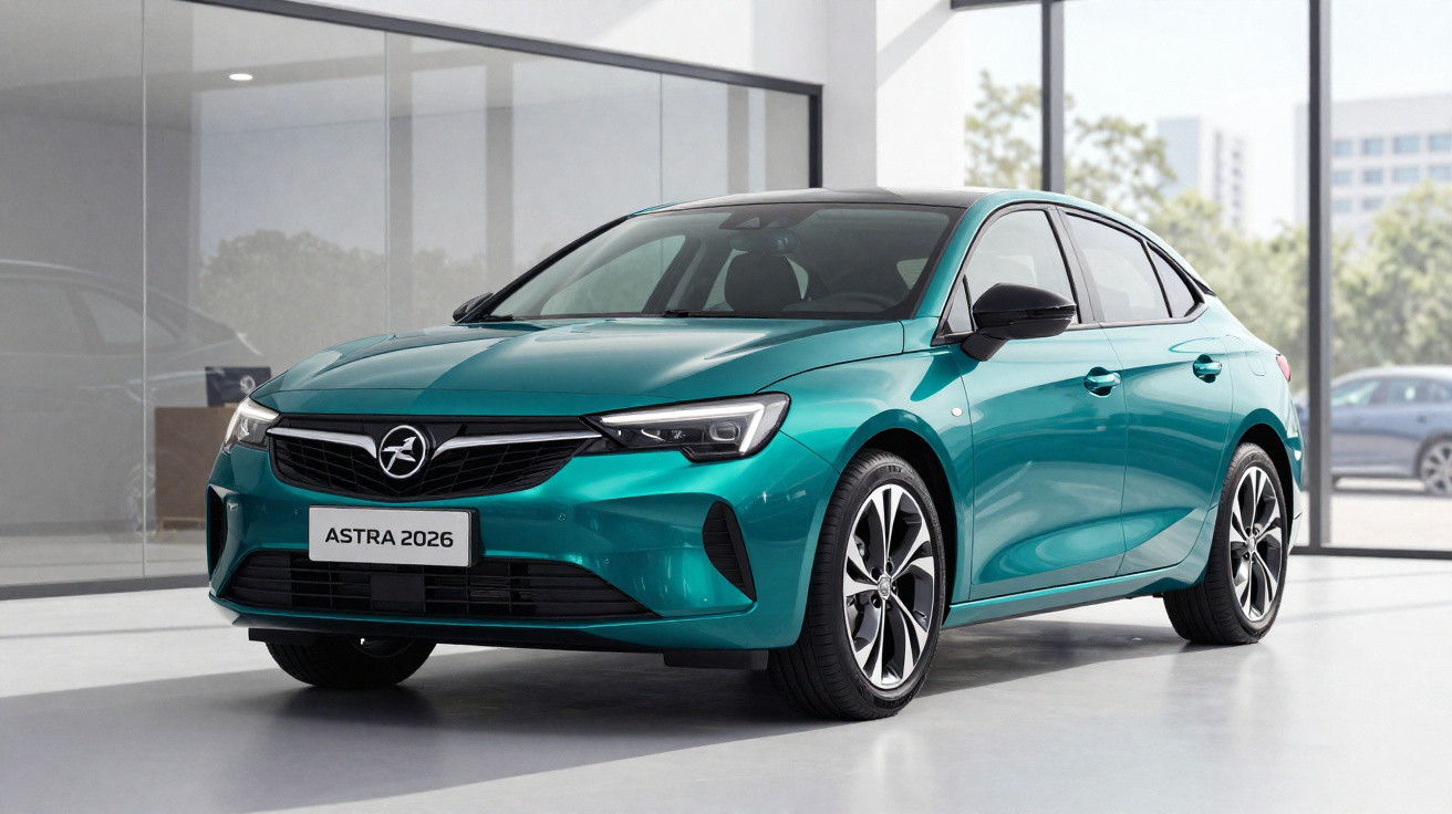 Carro sedan verde metálico Opel Astra 2026 estacionado em espaço interior moderno e iluminado.