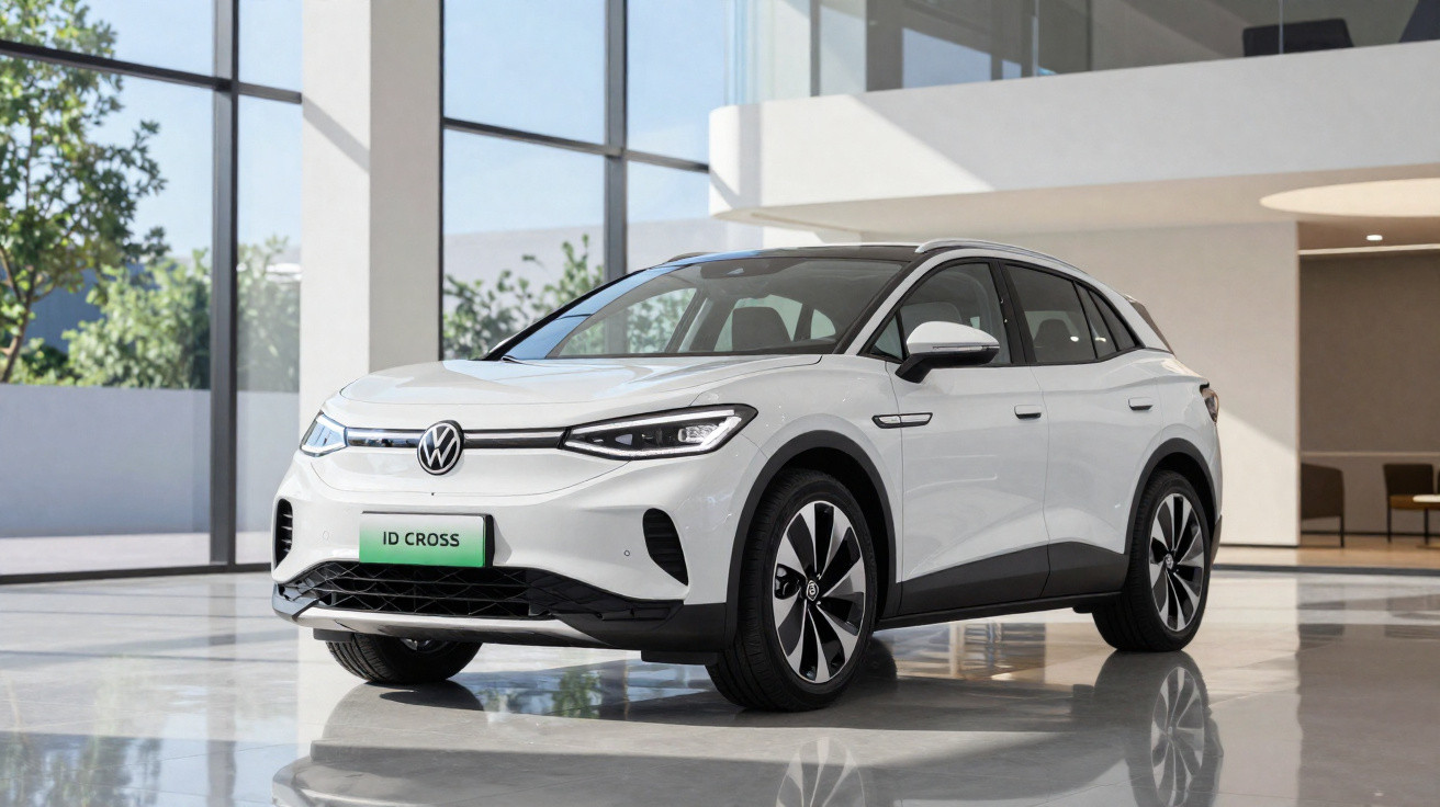 Carro elétrico Volkswagen ID. Cross branco estacionado numa área coberta com grandes janelas panorâmicas.