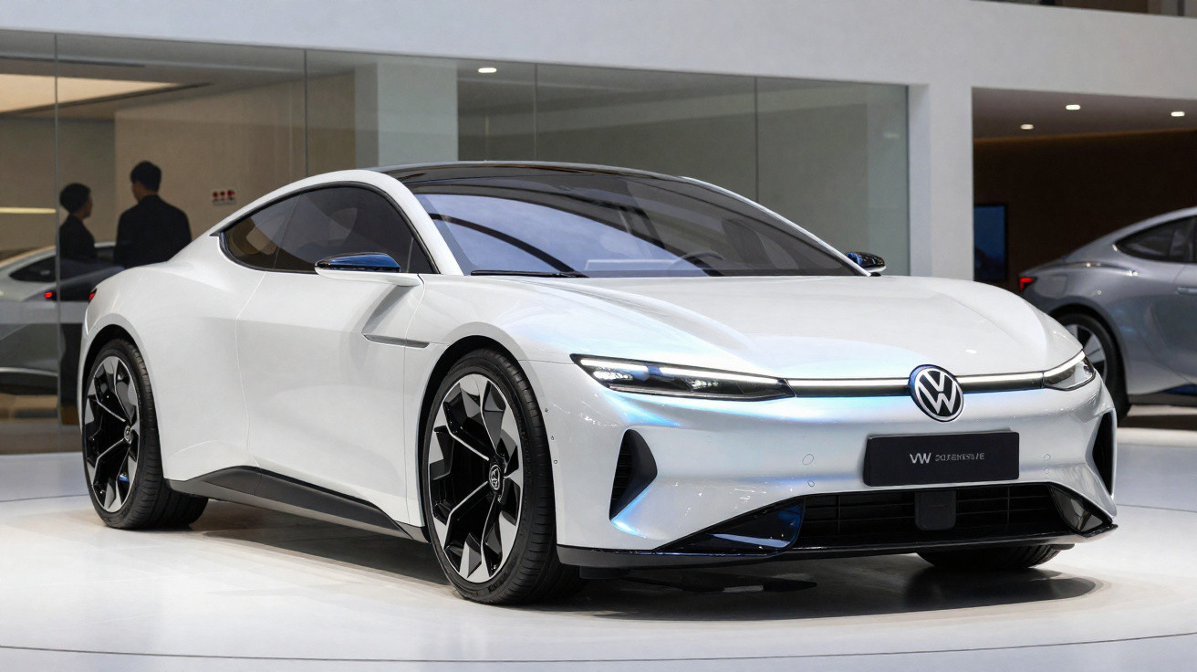 Carro desportivo elétrico branco Volkswagen ID. Aero com design moderno e linhas aerodinâmicas exposto em salão automóvel.
