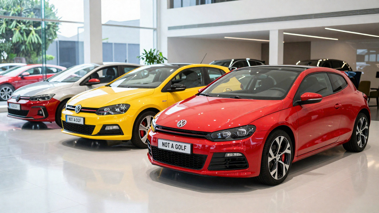 Três carros Volkswagen, vermelho, amarelo e branco, expostos em salão de automóveis moderno e iluminado.