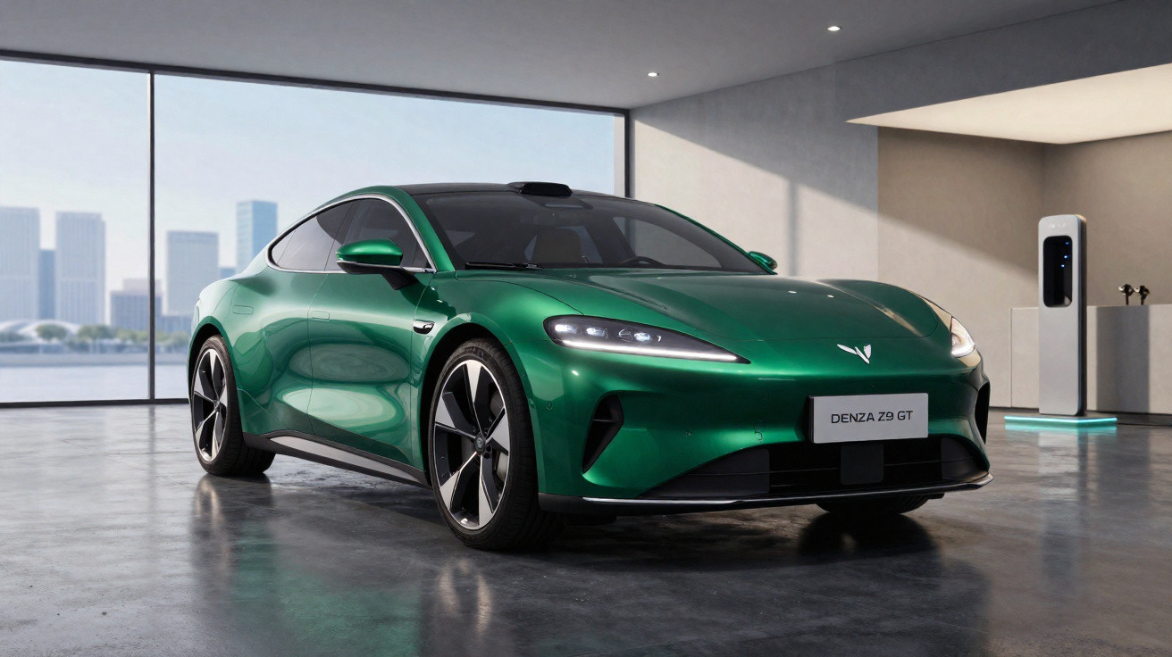 Carro elétrico desportivo verde Denza Z9 GT em showroom moderno com parede de vidro e estação de carregamento.
