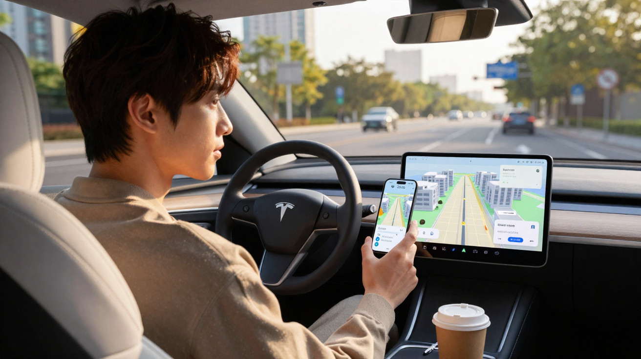 Homem ao volante de um carro Tesla com ecrã e telemóvel a mostrar navegação GPS.