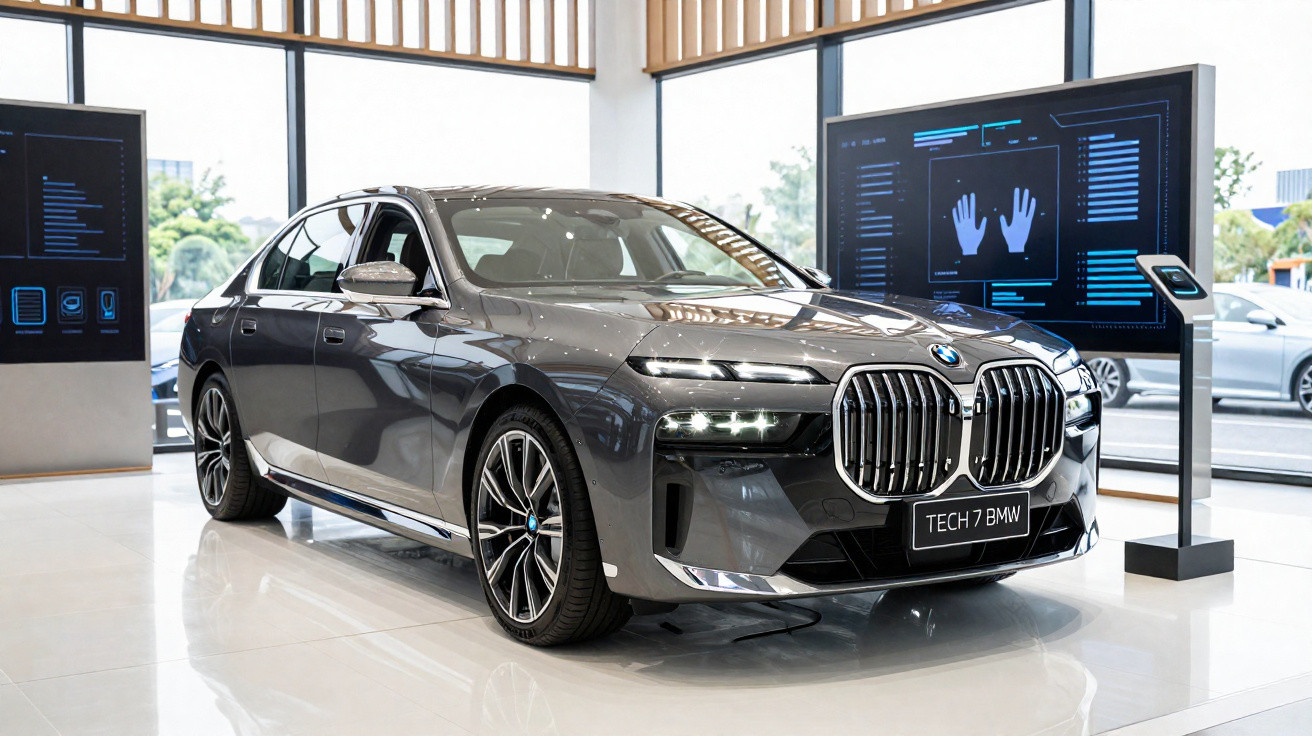 Carro BMW cinzento de alta tecnologia exibido numa sala moderna com ecrãs digitais ao fundo.