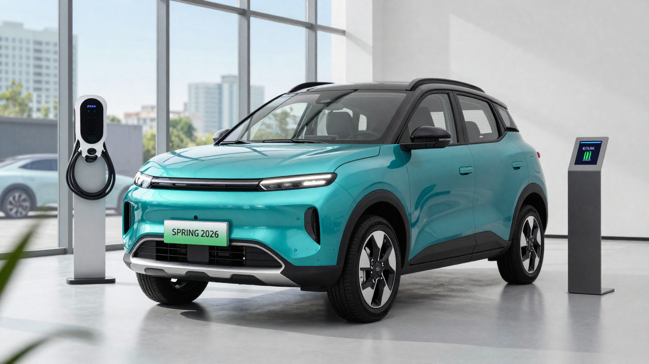 Carro elétrico azul turquesa estacionado numa garagem moderna junto a posto de carregamento.