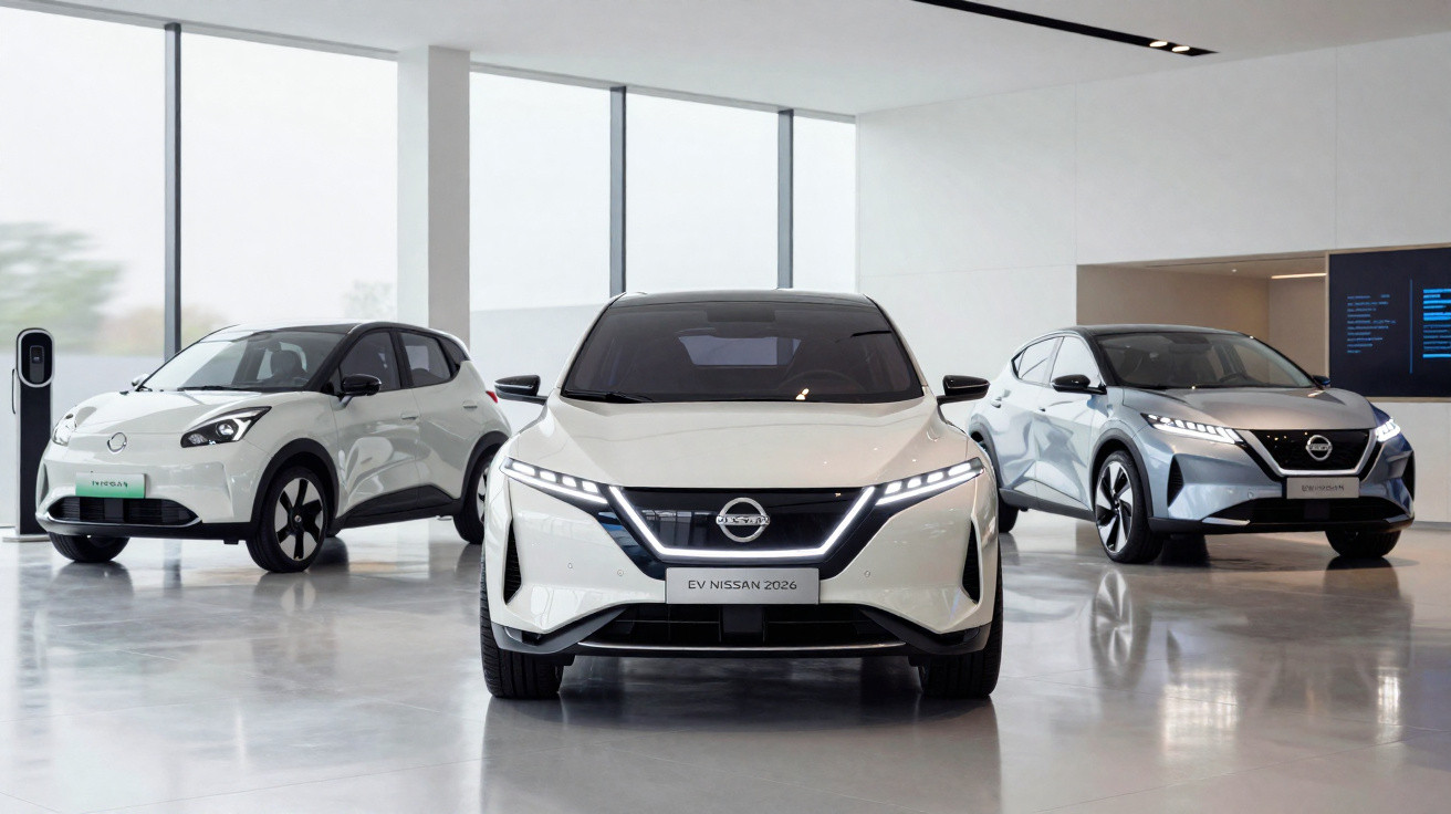 Três carros elétricos Nissan brancos expostos numa sala moderna com janelas grandes.