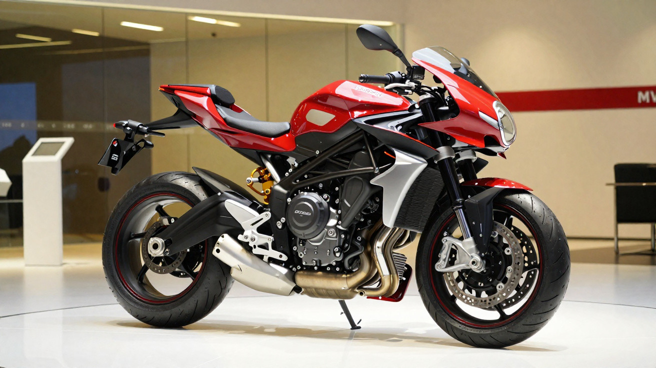 Motociclismo desportivo vermelho exposto em ambiente interior moderno com fundo neutro.