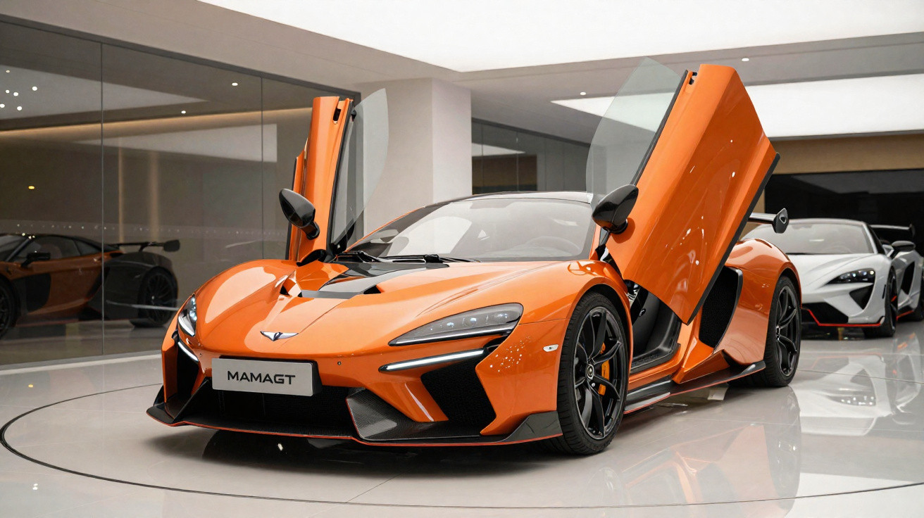 Carro desportivo laranja com portas abertas em estilo asa de gaivota, exposto em sala moderna.